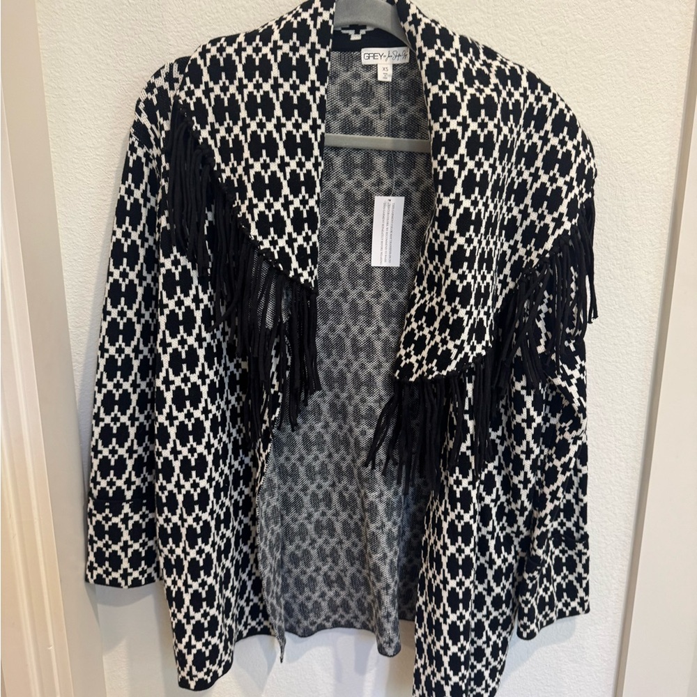 Grey Lab Monochrome Patterned Cardigan with Fringe